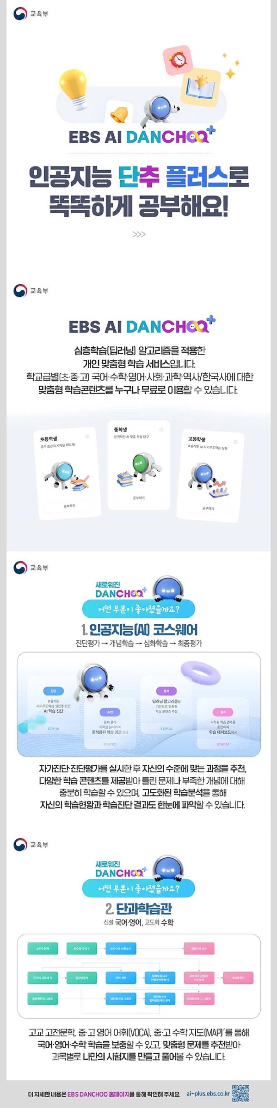 ■ EBS AI DANCHOO+ 인공지능 단추 플러스로 똑똑하게 공부해요! 교육부 심층학습(딥러닝) 알고리즘을 적용한 개인 맞춤형 학습 서비스입니다. 학교급별(초·중·고) 국어·수학·영어· 사회·과학·역사/한국사에 대한 맞춤형 학습콘텐츠를 누구나 무료로 이용할 수 있습니다. ■ 어떤 부분이 좋아졌을까요? 1. 인공지능 (AI) 코스웨어 진단평가 → 개념학습 → 심화학습 → 최종평가 자가진단·진단평가를 실시한 후 자신의 수준에 맞는 과정을 추천, 다양한 학습 콘텐츠를 제공받아 틀린 문제나 부족한 개념에 대해 충분히 학습할 수 있으며, 고도화된 학습분석을 통해 자신의 학습현황과 학습진단 결과도 한눈에 파악할 수 있습니다. 2. 단과학습관 (신설) 국어·영어, (고도화) 수학 고교 고전문학, 중·고 영어 어휘(VOCA), 중·고 수학 지도(MAP)를 통해 국어·영어·수학 학습을 보충할 수 있고, 맞춤형 문제를 추천받아 과목별로 나만의 시험지를 만들고 풀어볼 수 있습니다. 더 자세한 내용은 EBS DANCHOO 홈페이지를 통해 확인해 주세요. ai-plus.ebs.co.kr